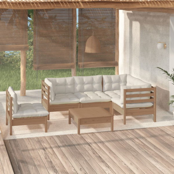 Móveis de jardim 6 peças e almofadas em madeira de pinho castanho mel D