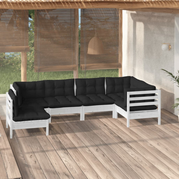 Mobiliário de jardim 6 pessoas com almofadas branco madeira de pinho D