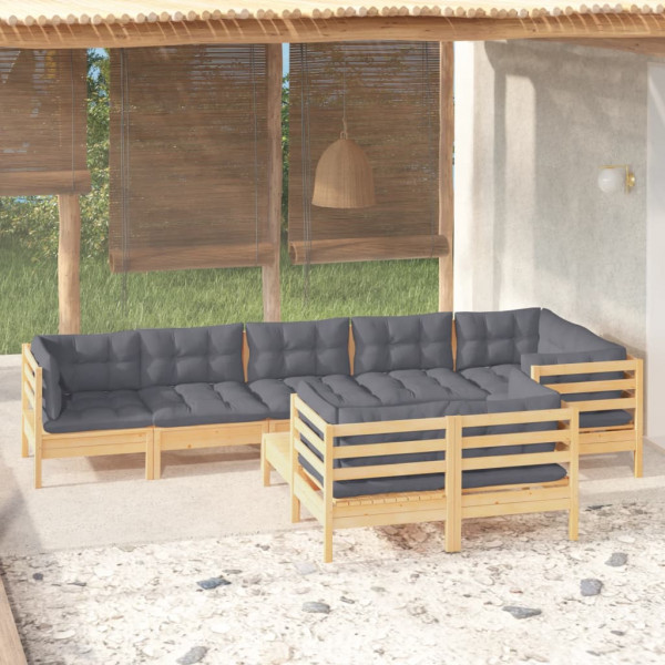 Conjunto de móveis de jardim 9 PCs e almofadas de madeira de pinheiro D