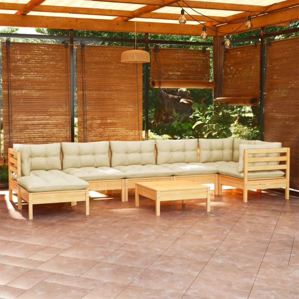 Mobiliário de jardim 8 pessoas e almofadas madeira maciça de pinho creme D