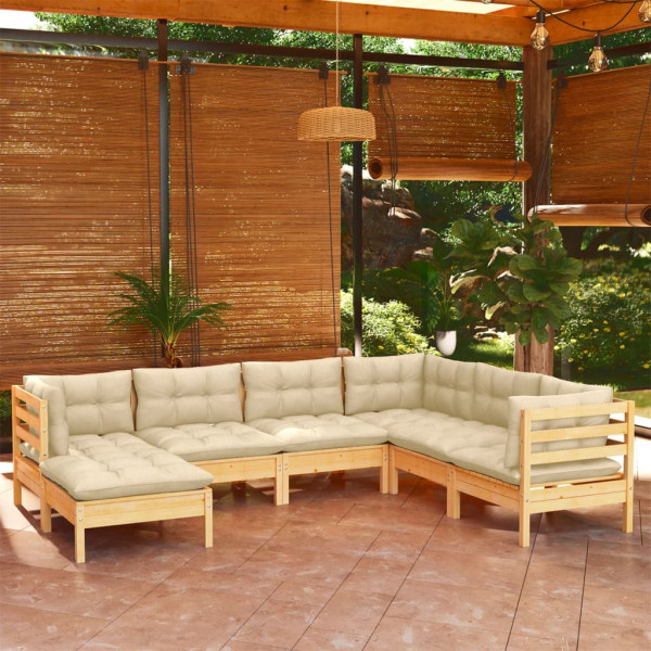 Mobiliário de jardim 7 peças e almofadas madeira maciça de pinho creme D