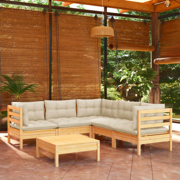 Mobiliário de jardim 6 peças e almofadas madeira maciça de pinho creme D