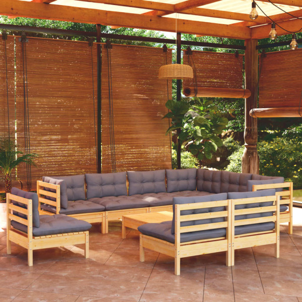 Conjunto de móveis de jardim com 10 peças e almofadas em madeira maciça de pinho D