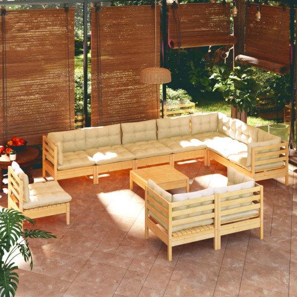 Muebles de jardín 11 pzas y cojines madera maciza de pino crema D