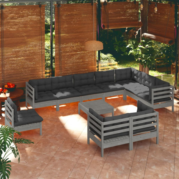 Muebles de jardín 11 pzas y cojines madera maciza de pino gris D