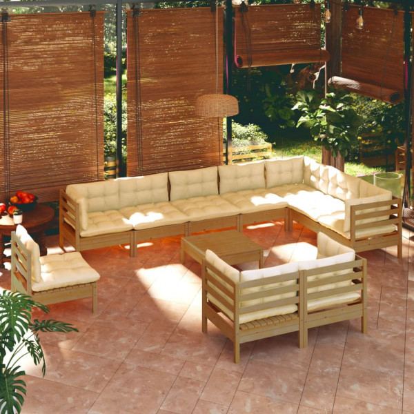 Muebles de jardín 11 pzas y cojines madera de pino marrón miel D
