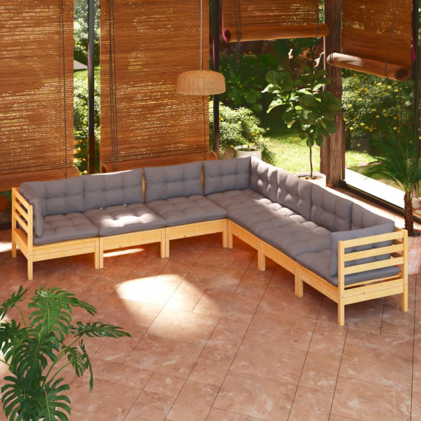 Jogos de mobiliário de jardim 7 peças e almofadas madeira maciça pinheiro D