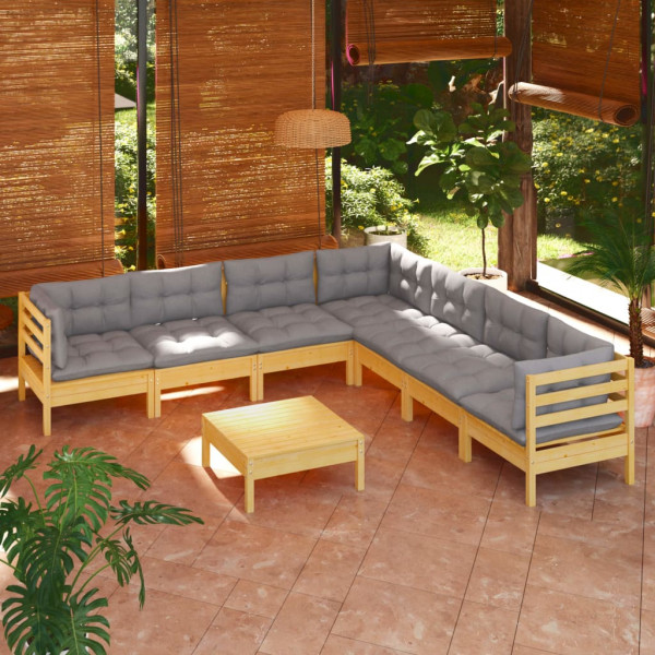 Conjunto de móveis de jardim 8 peças e almofadas em madeira maciça de pinho D