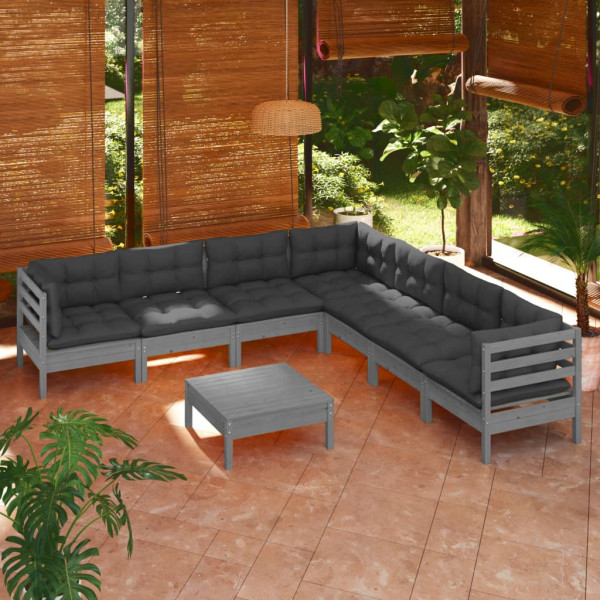 Muebles de jardín 8 pzas y cojines madera maciza de pino gris D