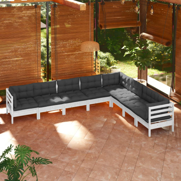 Muebles de jardín 8 pzas y cojines blanco madera maciza de pino D