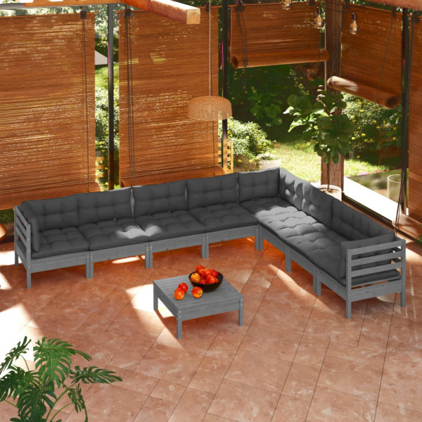 Muebles de jardín 9 pzas y cojines madera maciza de pino gris D