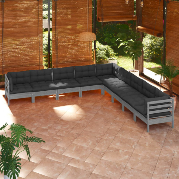 Muebles de jardín 9 pzas y cojines gris madera maciza de pino Muebles de jardín 9 pzas y cojines gris madera maciza de pino D