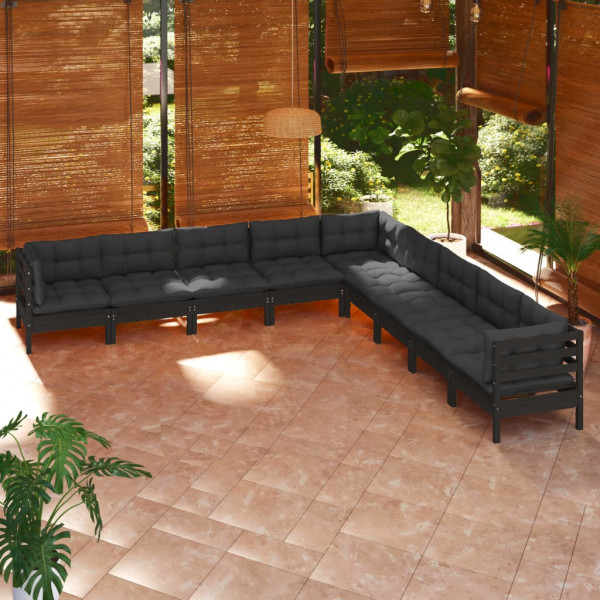 Móveis de jardim 9 peças e almofadas em madeira de pinho maciça preta D