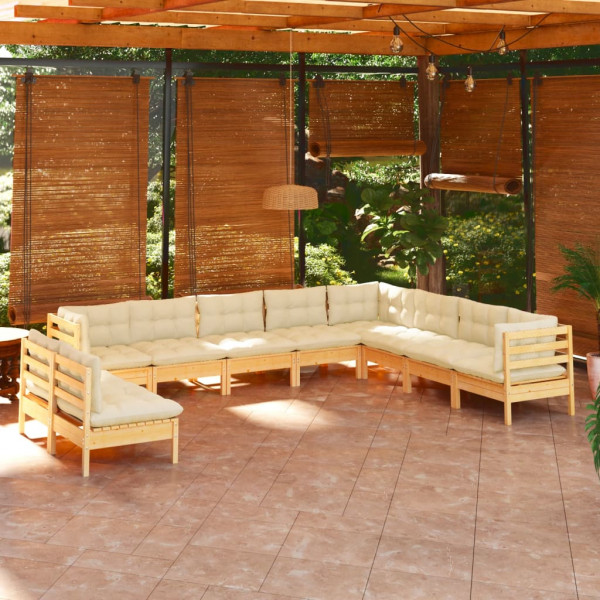 Móveis de jardim 10 peças e almofadas em madeira maciça de pinho creme D