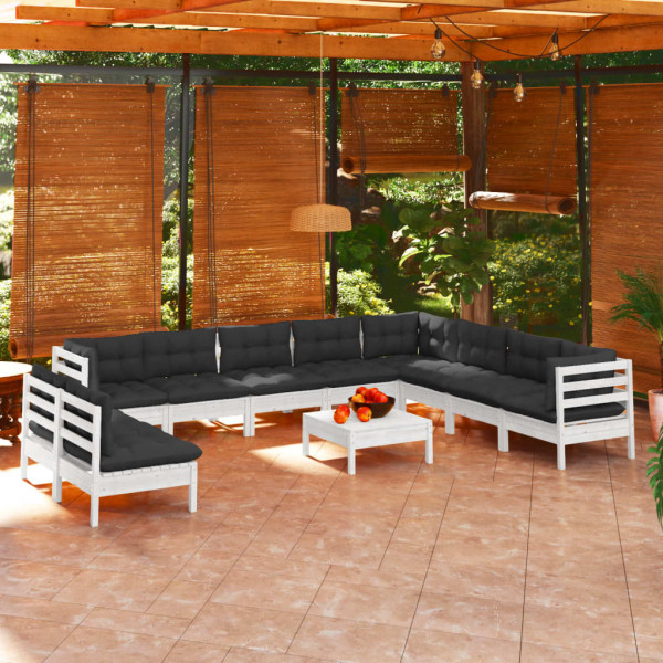 Mobiliário de jardim de 11 peças com almofadas branco madeira de pinho D