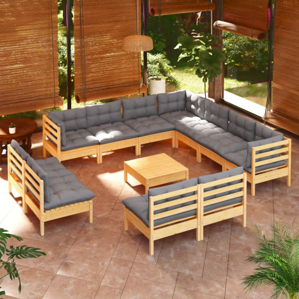 Conjunto de móveis de jardim com 12 peças e almofadas em madeira maciça de pinho D