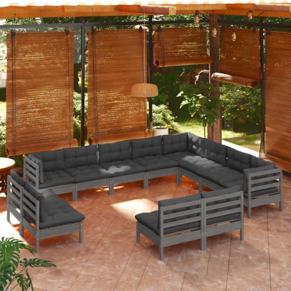 Muebles de jardín 12 pzas y cojines gris madera maciza de pino Muebles de jardín 12 pzas y cojines gris madera maciza de pino D