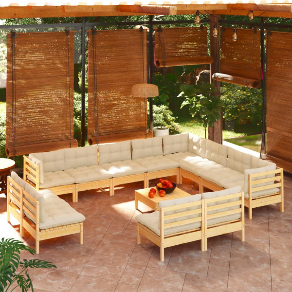 Móveis de jardim 13 peças e almofadas em madeira maciça de pinho creme D