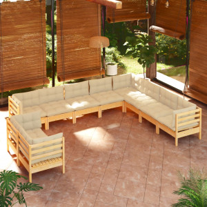 Muebles de jardín 10 pzas y cojines madera maciza de pino crema D