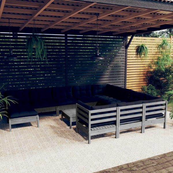 Muebles de jardín 12 pzas y cojines madera de pino gris Muebles de jardín 12 pzas y cojines madera de pino gris D