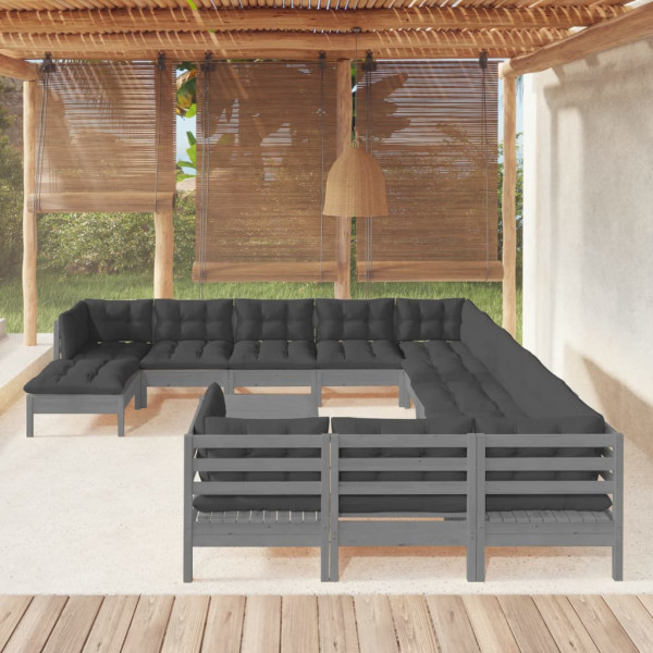 Conjunto de móveis de jardim com 13 peças e almofadas em madeira de pinho cinza D