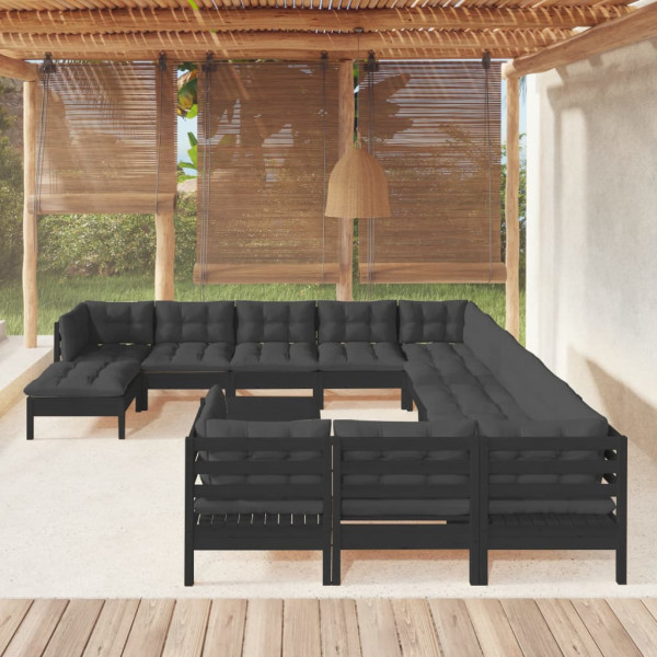 Muebles de jardín 13 pzas con cojines negro madera de pino D