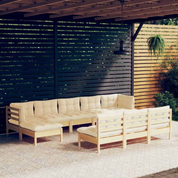 Mobiliário de jardim 10 peças almofadas madeira de pinho de cor creme D