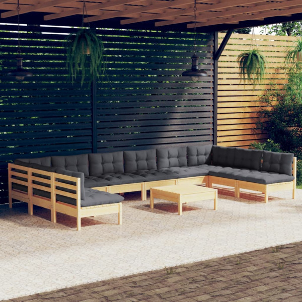 Conjunto de móveis de jardim com 11 peças e almofadas em madeira maciça de pinho D