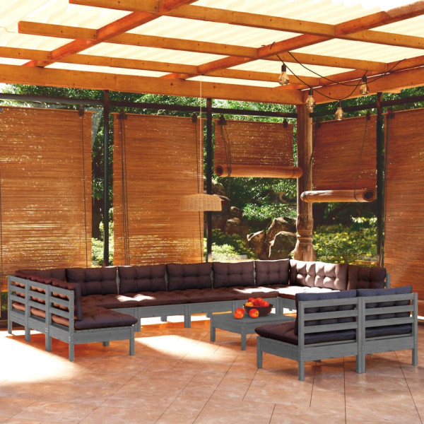 Mobiliário de jardim 13 peças e almofadas cinza madeira maciça de pinho D