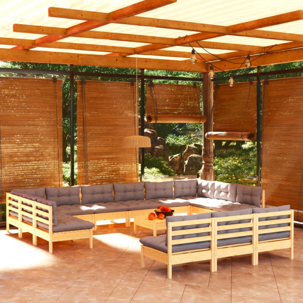 Muebles de jardín 14 pzas y cojines gris madera maciza de pino D