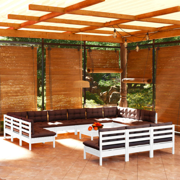Mobiliário de jardim 14 camas e almofadas brancas madeira maciça pinheiro D
