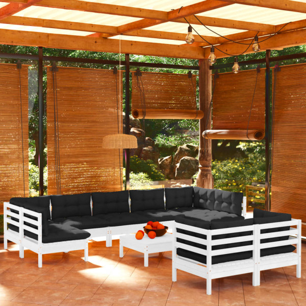Mobiliário de jardim 10 pessoas com almofadas branco madeira maciça pinheiro D