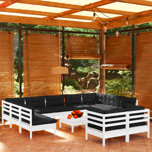 Muebles de jardín 12 pzas con cojines blanco madera maciza pino D