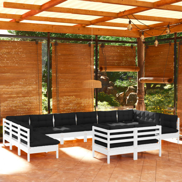 Móveis de jardim 12 peças e almofadas brancas em madeira maciça de pinho D