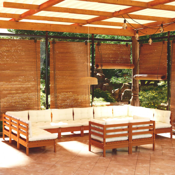 Muebles de jardín 12 pzas y cojines madera de pino marrón miel D