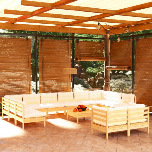 Muebles de jardín 13 piezas cojines madera de pino color crema D