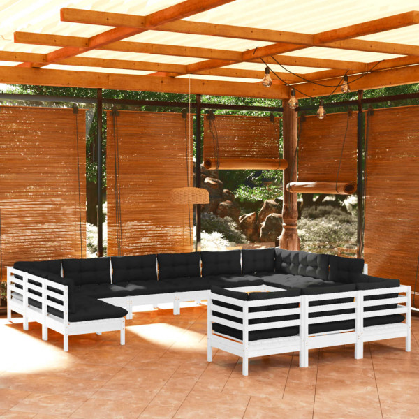 Móveis de jardim 13 peças com almofadas em madeira de pinho branco D