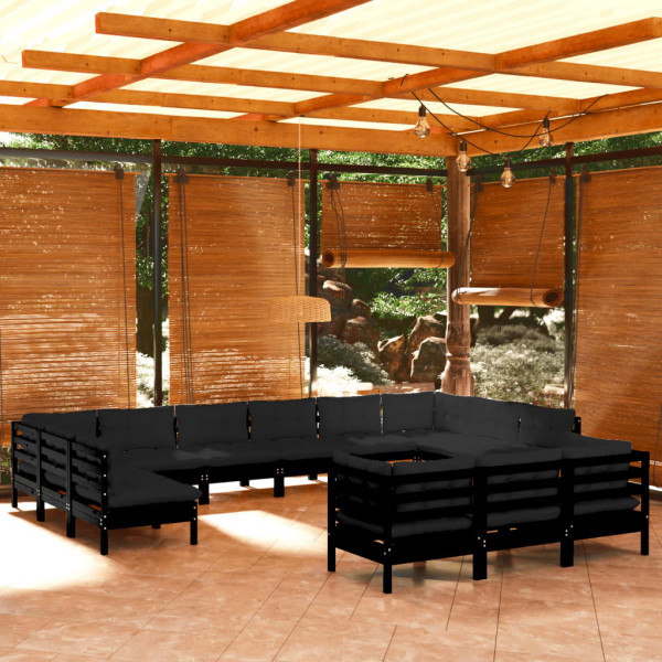Móveis de jardim 13 peças com almofadas em madeira de pinho preto D