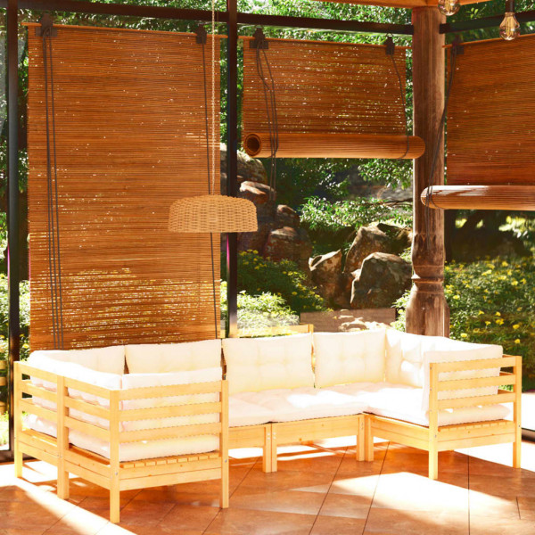 Mobiliário de jardim 6 peças almofadas madeira de pinho de cor creme D