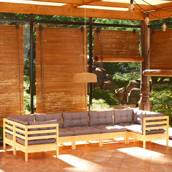 Conjunto de móveis de jardim 7 peças e almofadas madeira de pinho cinza D