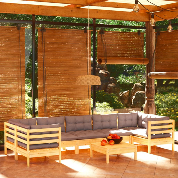 Conjunto de móveis de jardim 8 peças e almofadas em madeira de pinho cinza D