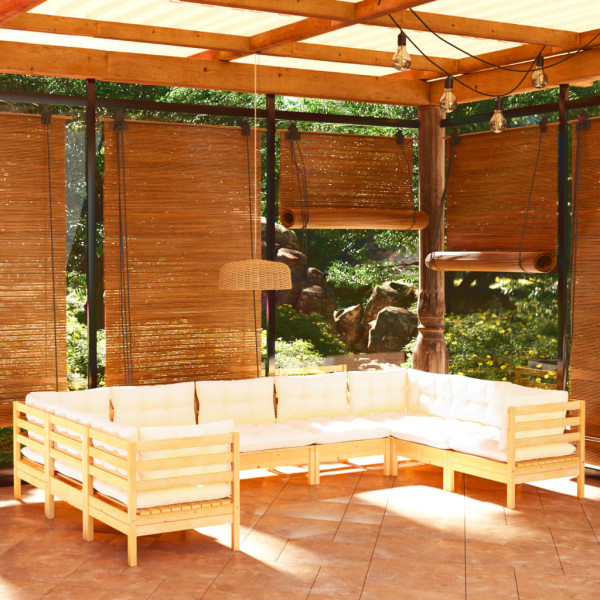Muebles de jardín 9 piezas cojines madera de pino color crema D