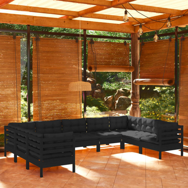 Móveis de jardim 9 peças com almofadas em madeira de pinho preto D