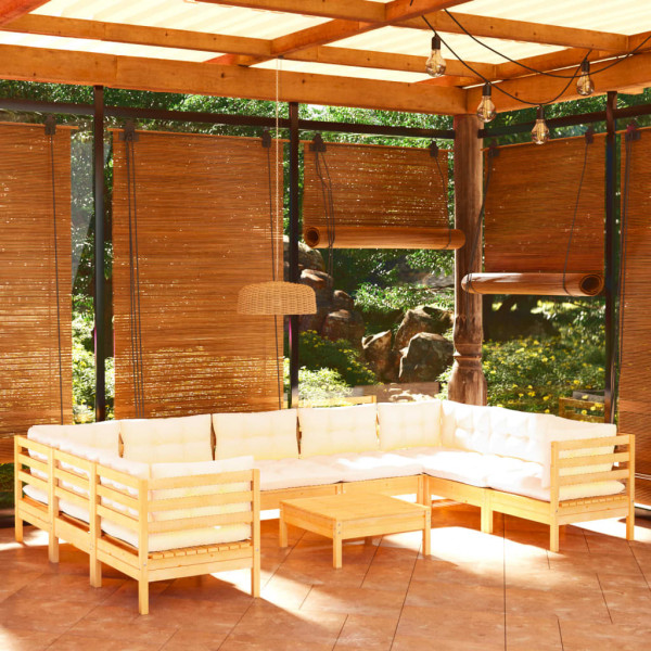 Muebles de jardín 10 piezas y cojines madera de pino crema D