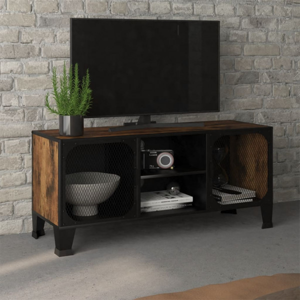 Móvel TV rústico em metal castanho e MDF 105x36x47 cm D