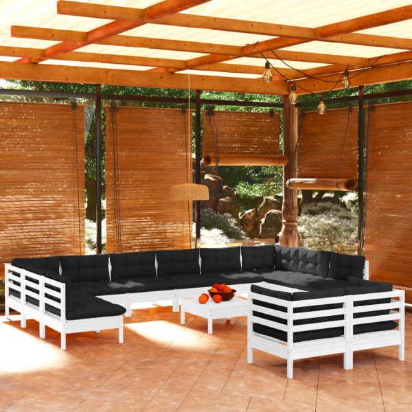 Muebles de jardín 13 pzas con cojines blanco madera de pino D
