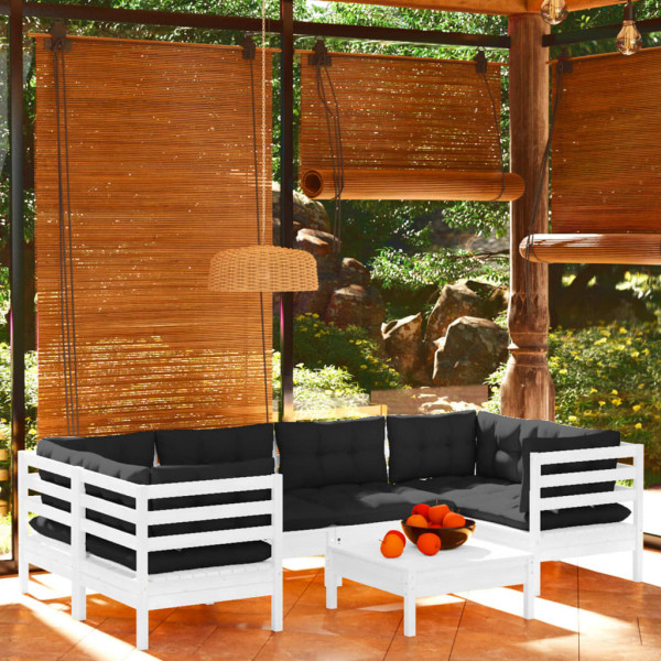 Móveis de jardim 7 PCs com almofadas de madeira de pinheiro branco D