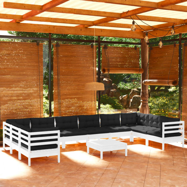 Muebles de jardín 11 pzas con cojines blanco madera de pino D