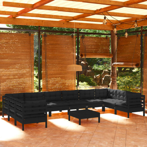 Mobiliário de jardim de 11 pessoas com almofadas de pinho preto D