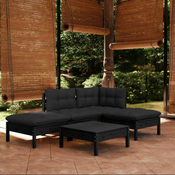 Móveis de jardim 5 peças com almofadas em madeira de pinho preto D
